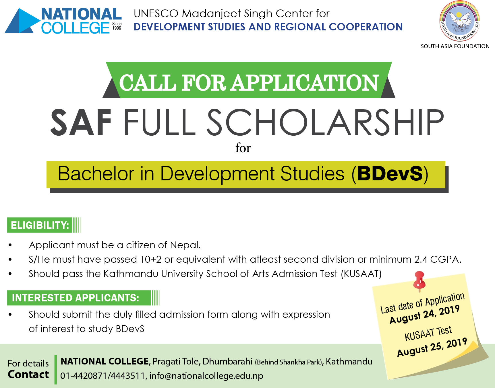 SAF Scholarships for Bachelor in Development Studies (BDevS) Edusanjal